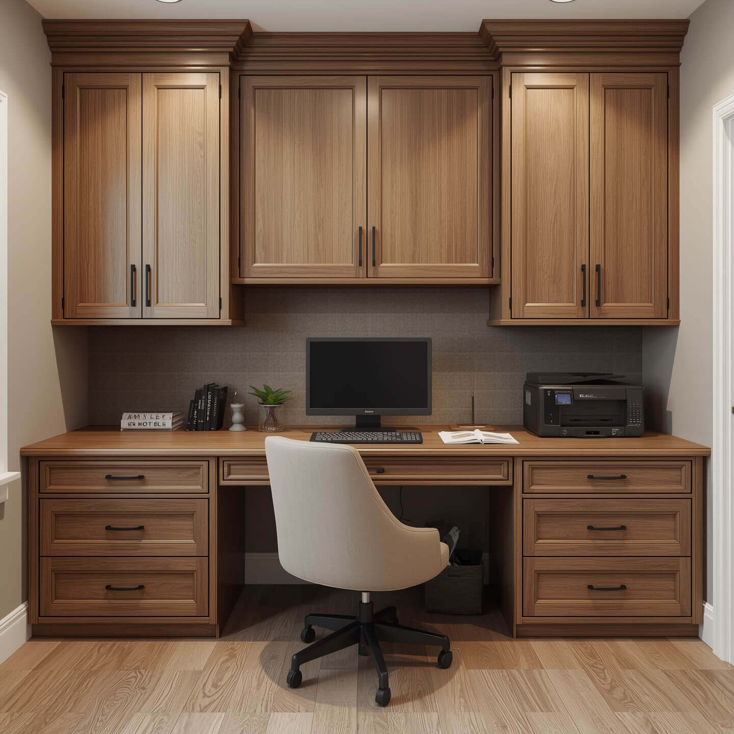 Custom study room design Melbourne - modern home office with built-in cabinetry